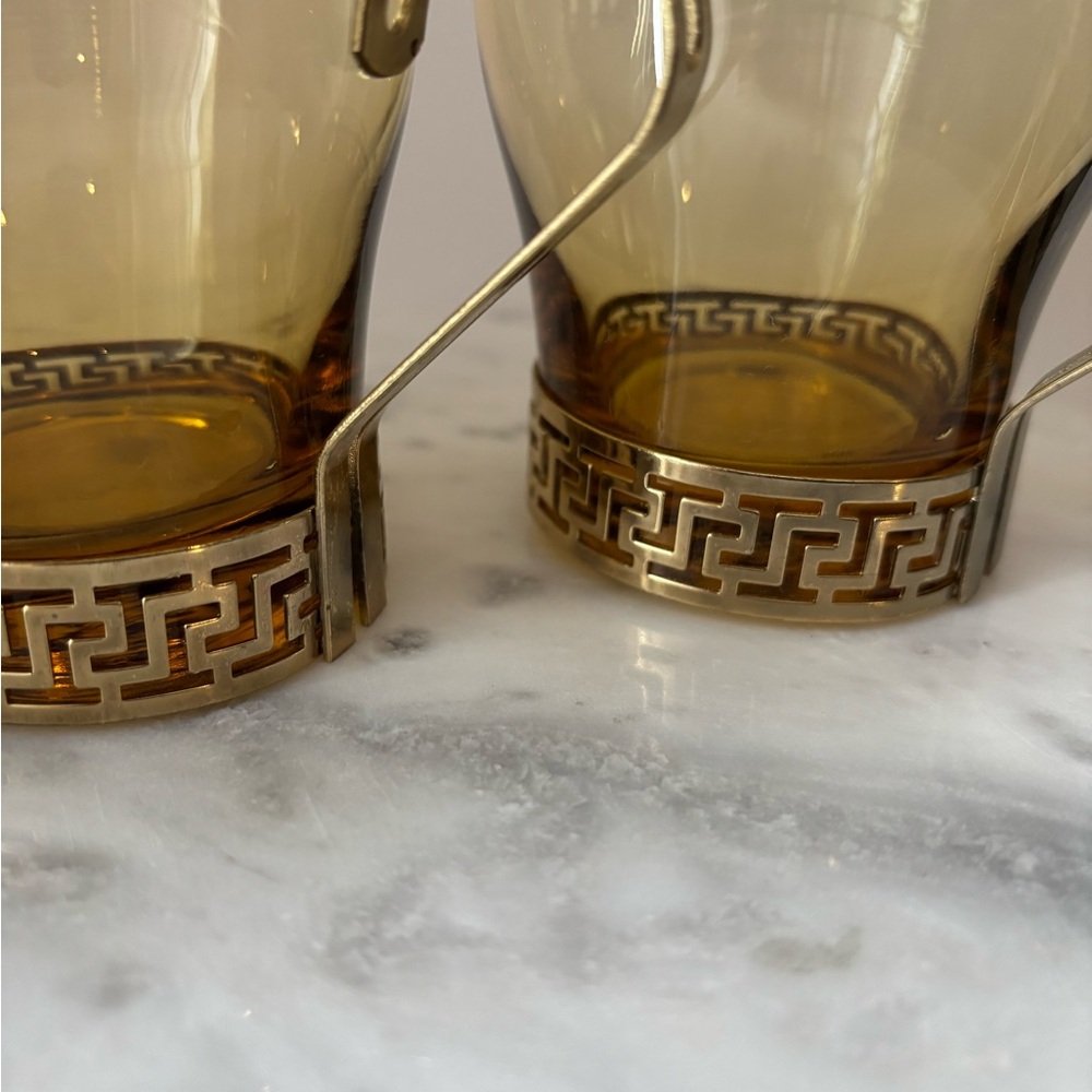 2 Vintage MCM Libbey Amber Glass Continental Cup w Gold Metal Greek Key Handles - Picture 8 of 12